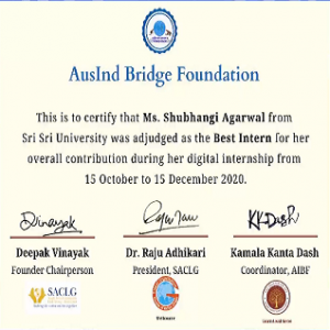 Shubhangi Agarwal- Awards for their leadership, all-rounder activity, and best internship projects from AusIndBridge