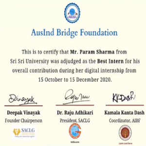 Mr.Param Sharma- Awarded as the best internship projects from AusIndBridge Foundation