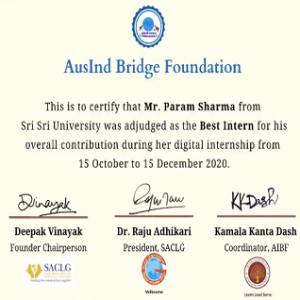 Mr.Param Sharma- Awarded as the best internship projects from AusIndBridge Foundation
