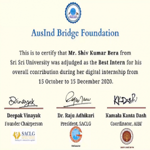Mr. Shiv Kumar Bera - Awarded as the best internship projects from AusIndBridge Foundation